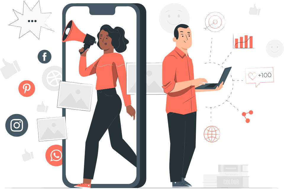 A man using a laptop while a woman is using a megaphone represents marketing